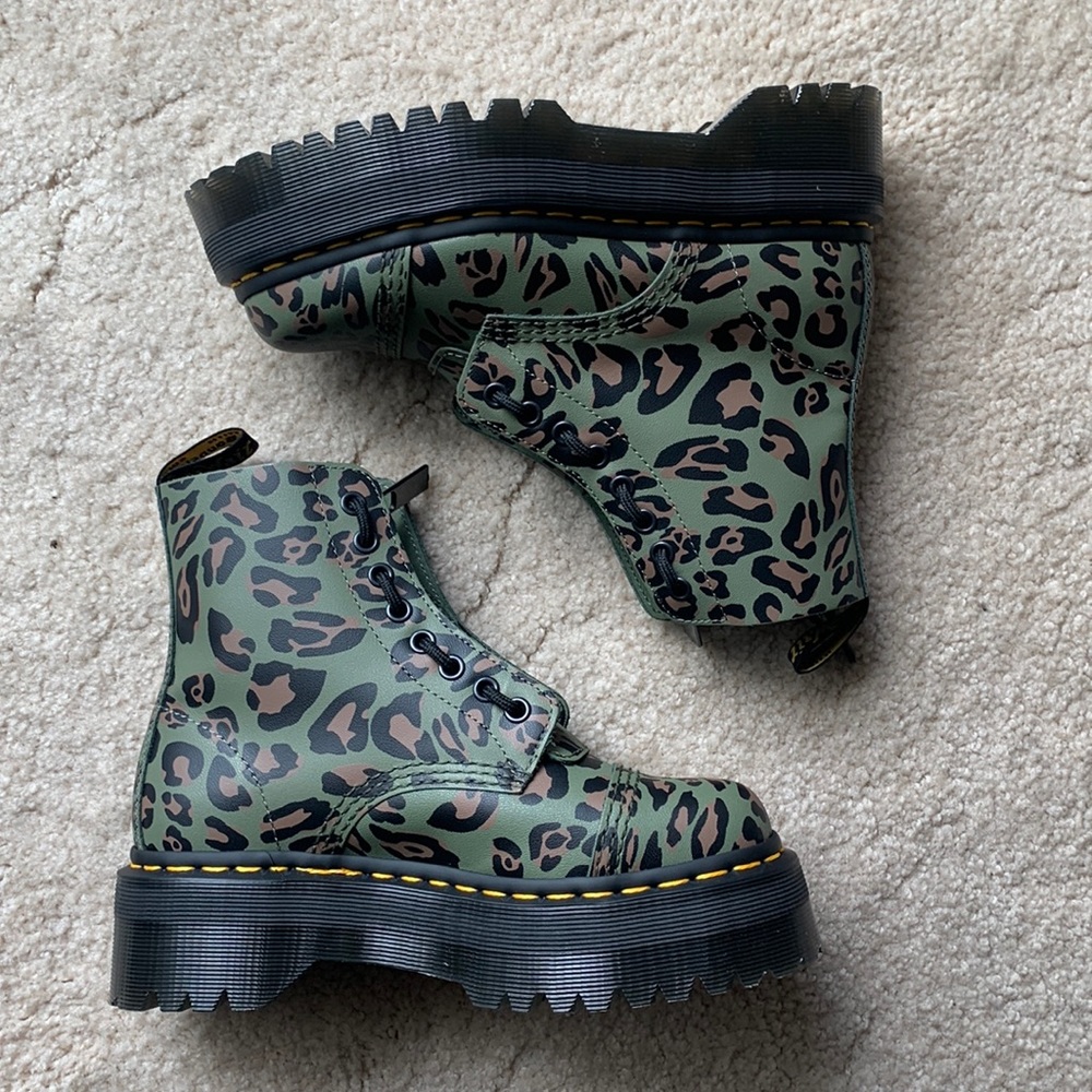 Dr. Martens Green Leopard Print Combat Boots